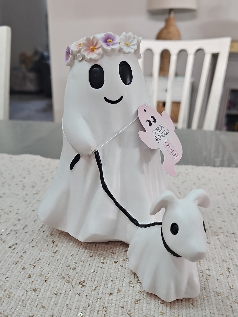 New! Summerween White Ghost Figurine with Floral Crown & Ghost Dog Halloween